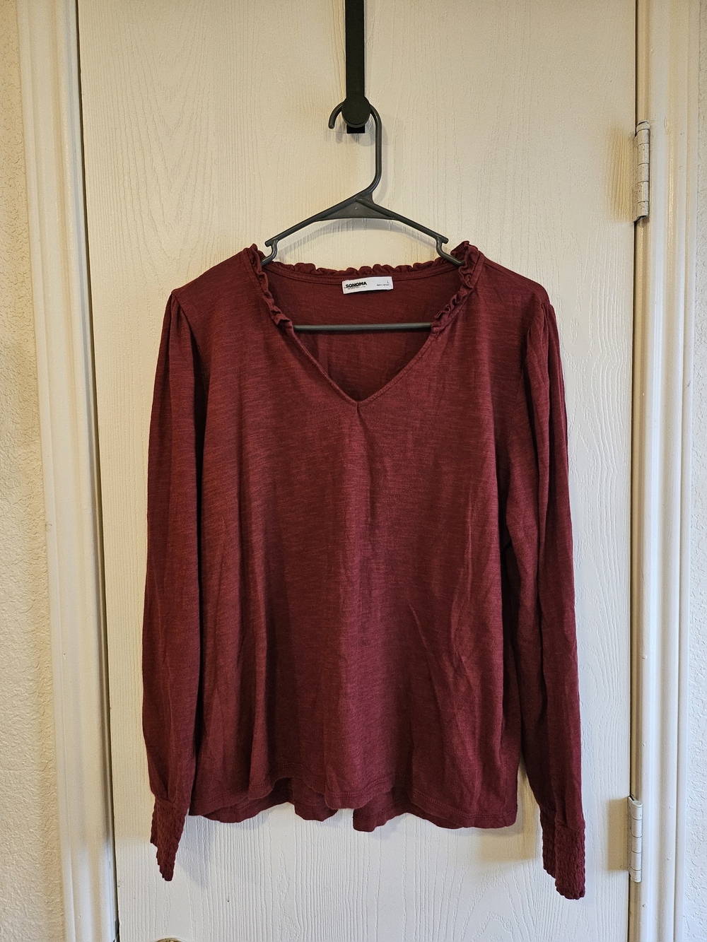 Sonoma Burgundy V-Neck Long-Sleeve Top with Ruffle Trim